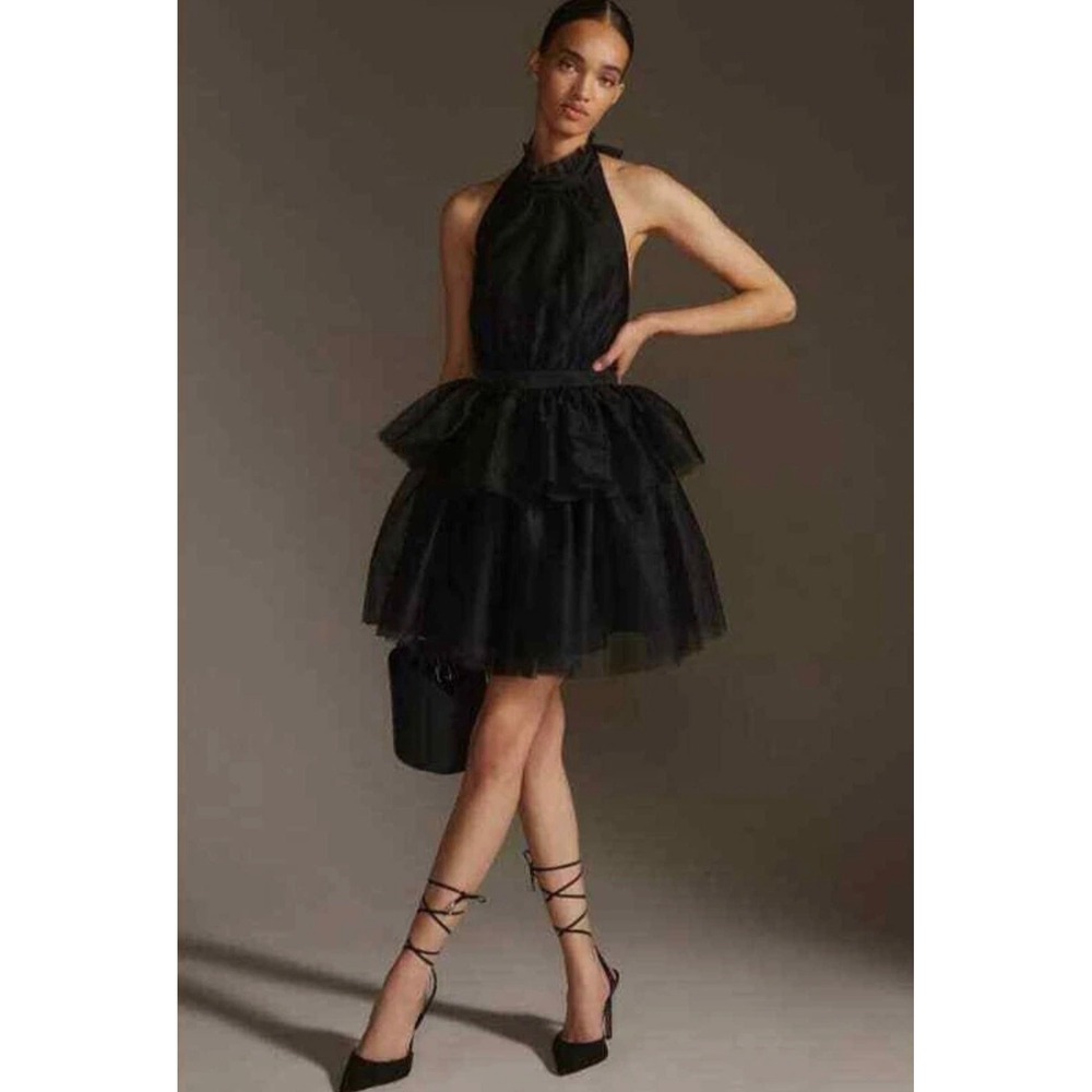 Anthropologie Hutch High Neck Mini Dress in Black Tulle Size 2